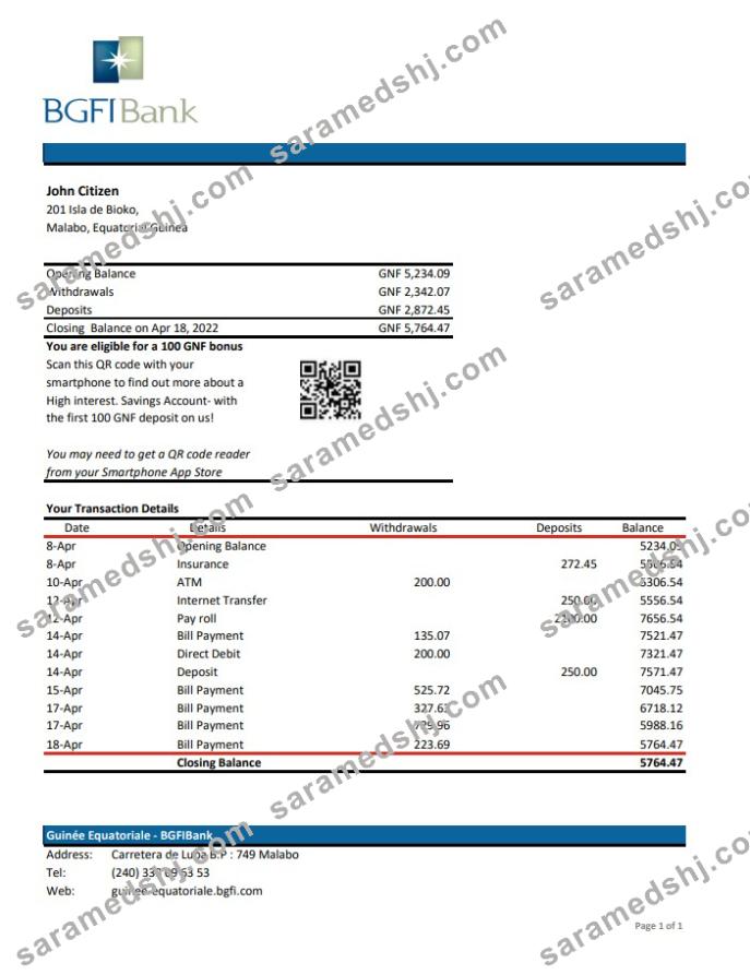 Equatorial Guinea BGFI Bank Statement xls